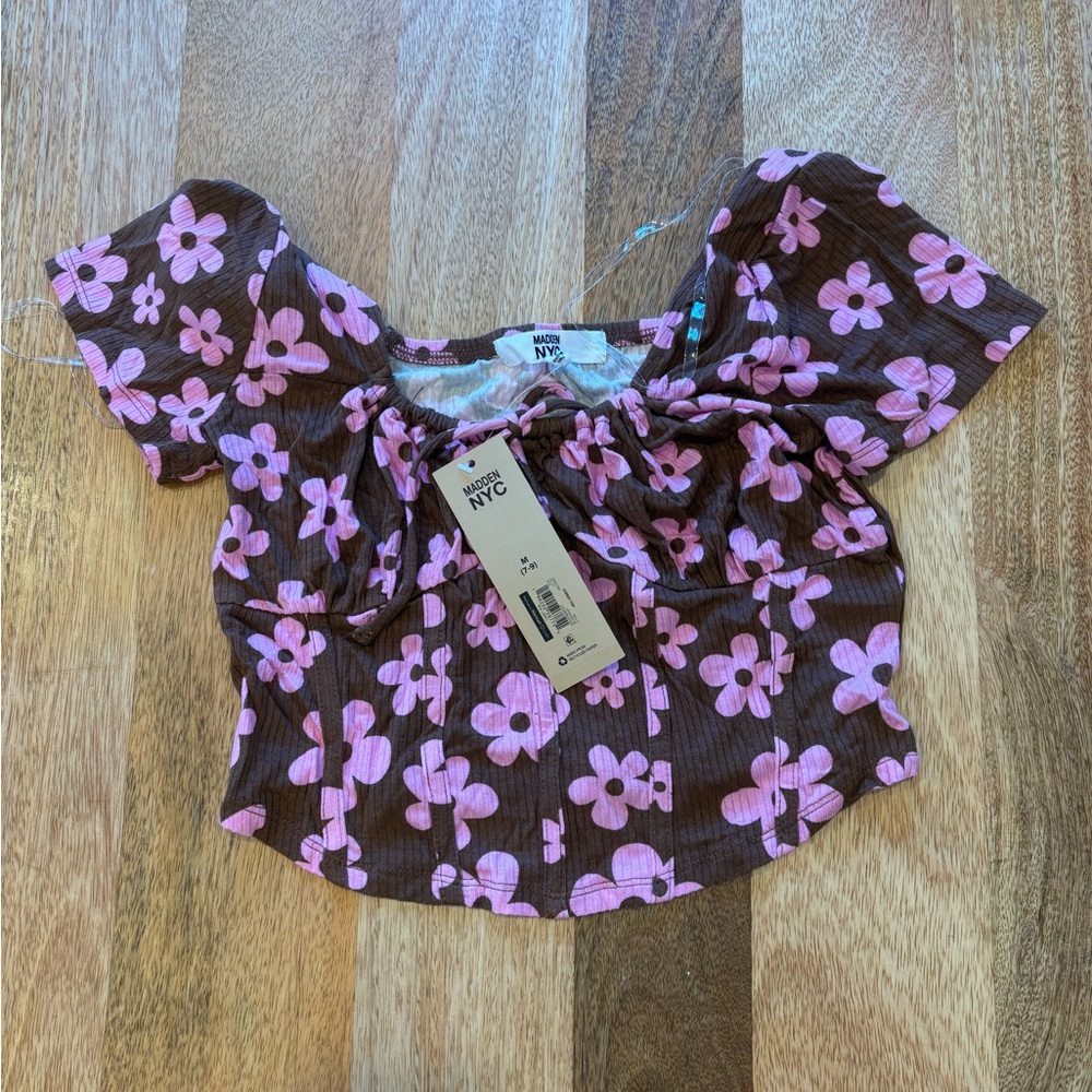Madden NYC Floral Puff Sleeve Crop Top – Size M | Brown & Pink Daisy Print | NWT